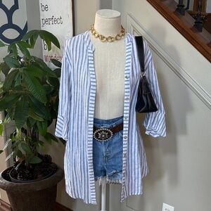 Blue Island Striped Button-Up Cover Up Ruffle Sleeve 🤩